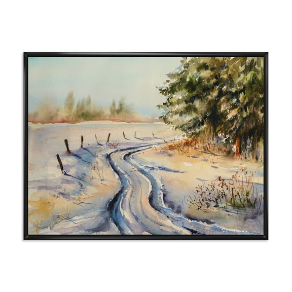 Designart 'Snowy Winter Forest Landscape Rural Road In Snow' Traditional Framed Canvas Wall Art Print
