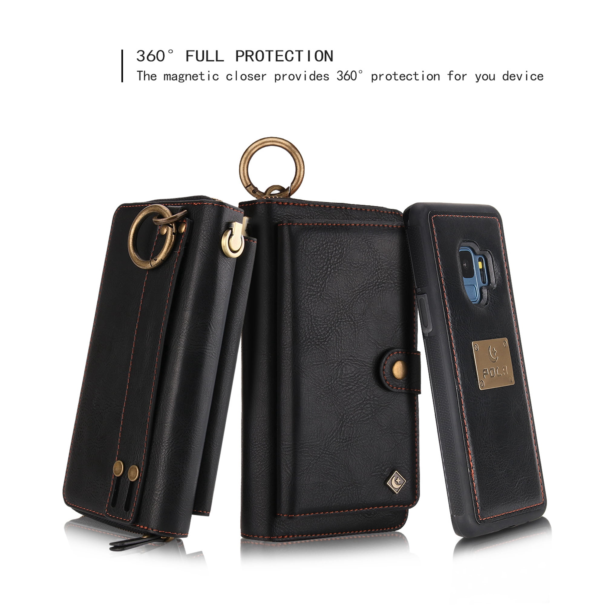Galaxy S9 Wallet Detachable Case, Dteck [wrist band][14 Card Slots] Zipper Purse Phone Case Multi-functional Folio Flip PU Leather Removable Magnetic Back Cover For Samsung Galaxy S9,Black