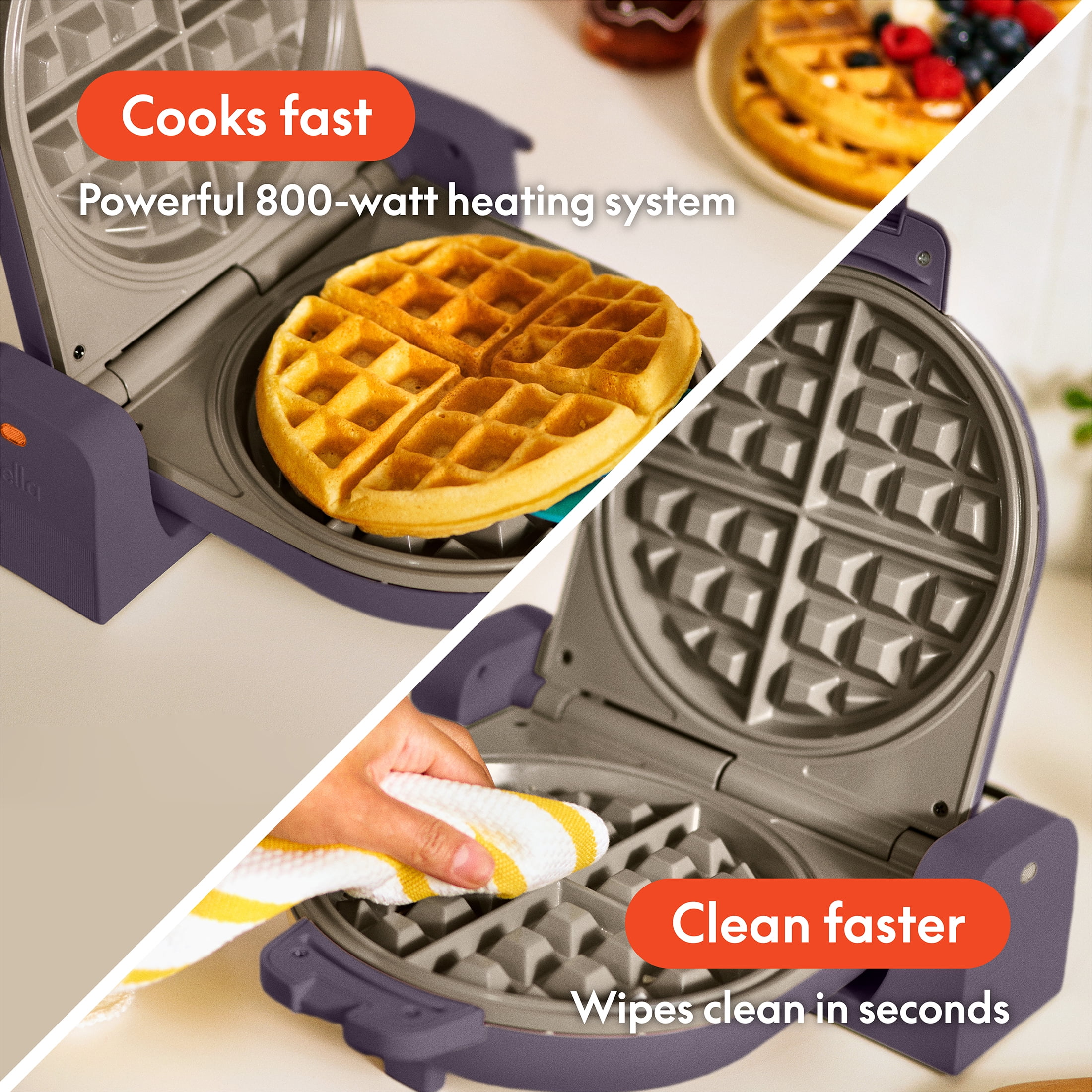 bella Flip-n-Store Belgian Waffle Maker with EverGood™ Ceramic Nonstick Coating, Power Indicator Light & Cool-Touch Handle, Plum