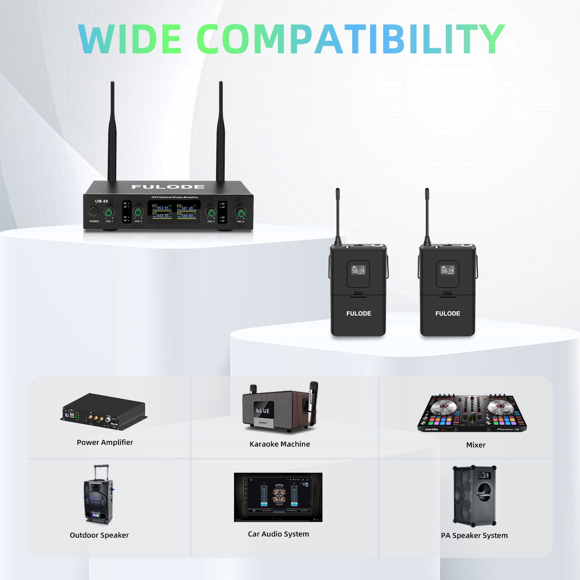 FULODE Wireless Lavalier Microphone System with Headset & Lapel Mics, 4 Channel UHF Cordless Microphone and Metal Receiver Set, 300ft Range for Singing, Church, Karaoke, Preaching, Wedding