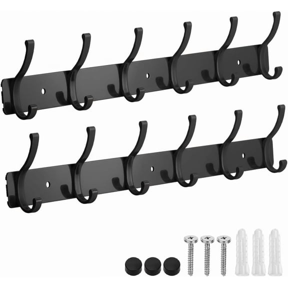 Wall Mount Coat Rack 2 Pack, Black Coat Hooks Hanger with 6 Double Hooks