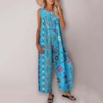 thumbnail image 5 of 2DXuixsh Combinaison pour Femmes Mode Col Rond Imprimé Combinaisons Sans Manches Bouton Combinaison Pantalon Droit Poche Combinaisons Bleu Taille TTG, 5 of 5