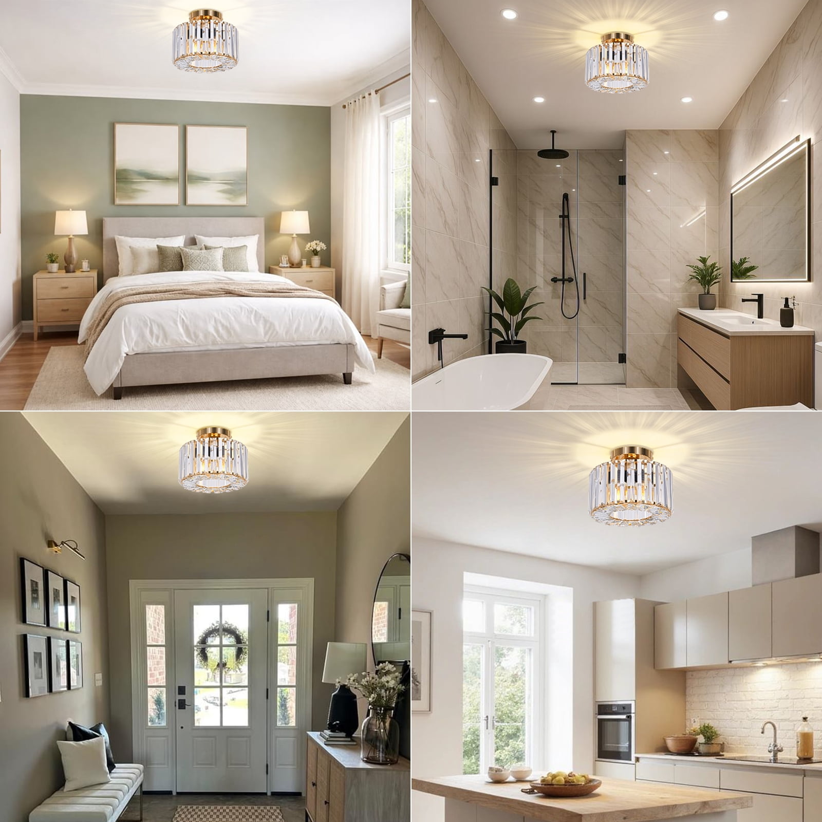 FRIDEKO HOME 9" Crystal Semi Flush Mount Ceiling Light, E26 Base, Modern Gold Small Ceiling Light Fixture for Hallway、Kitchen、Entryway、Bedroom、Bathroom (Bulb not Included)