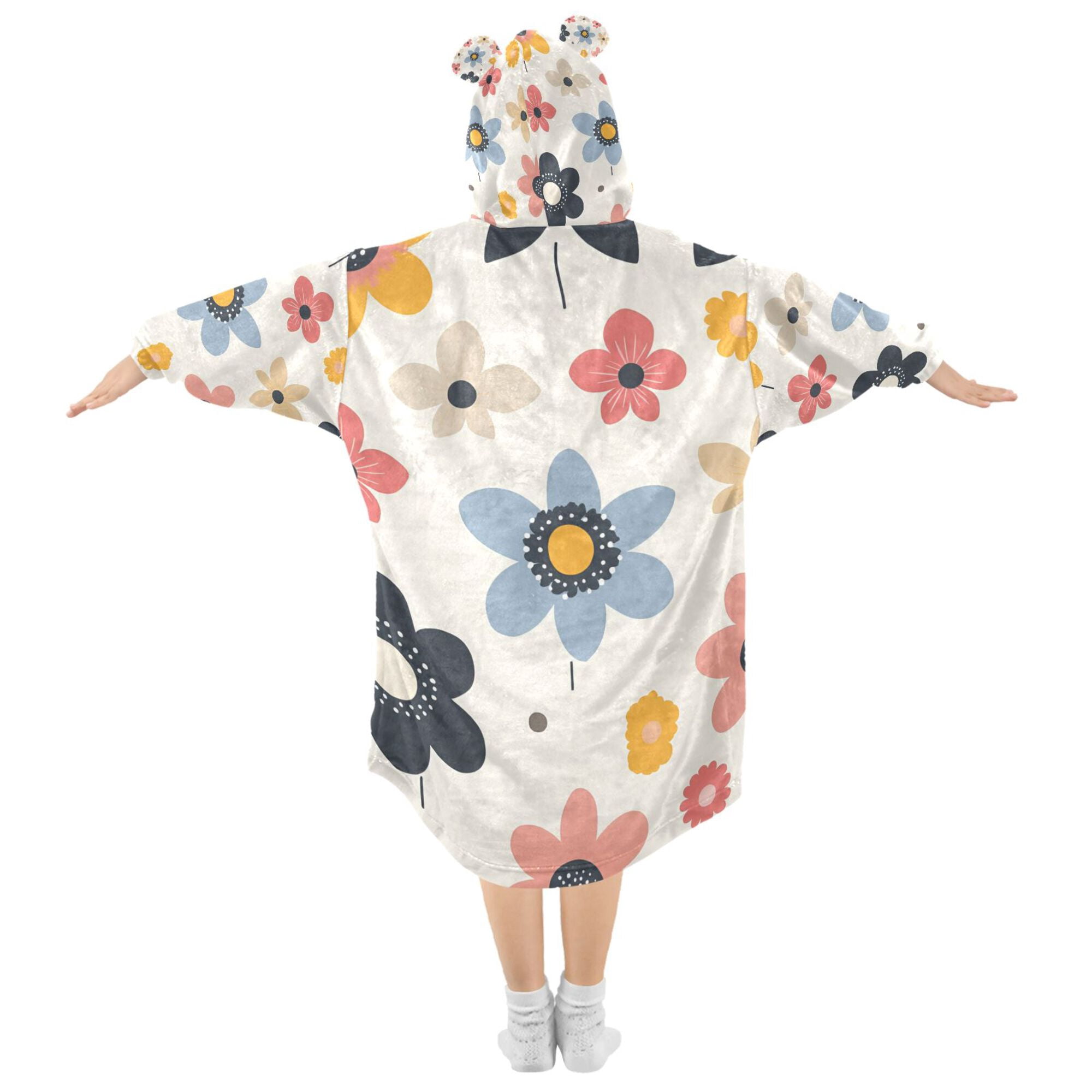 FORMRS Wearable Blanket Hoodie with Sleeves for Kids Cozy Flannel Sweatshirt, Beige Retro Flower
