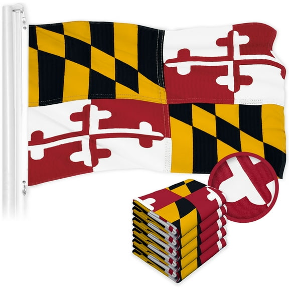 G128 5 Pack: Maryland MD State Flag | 1x1.5 Ft | ToughWeave Series Embroidered 300D Polyester | Embroidered Design, Indoor/Outdoor, Brass Grommets