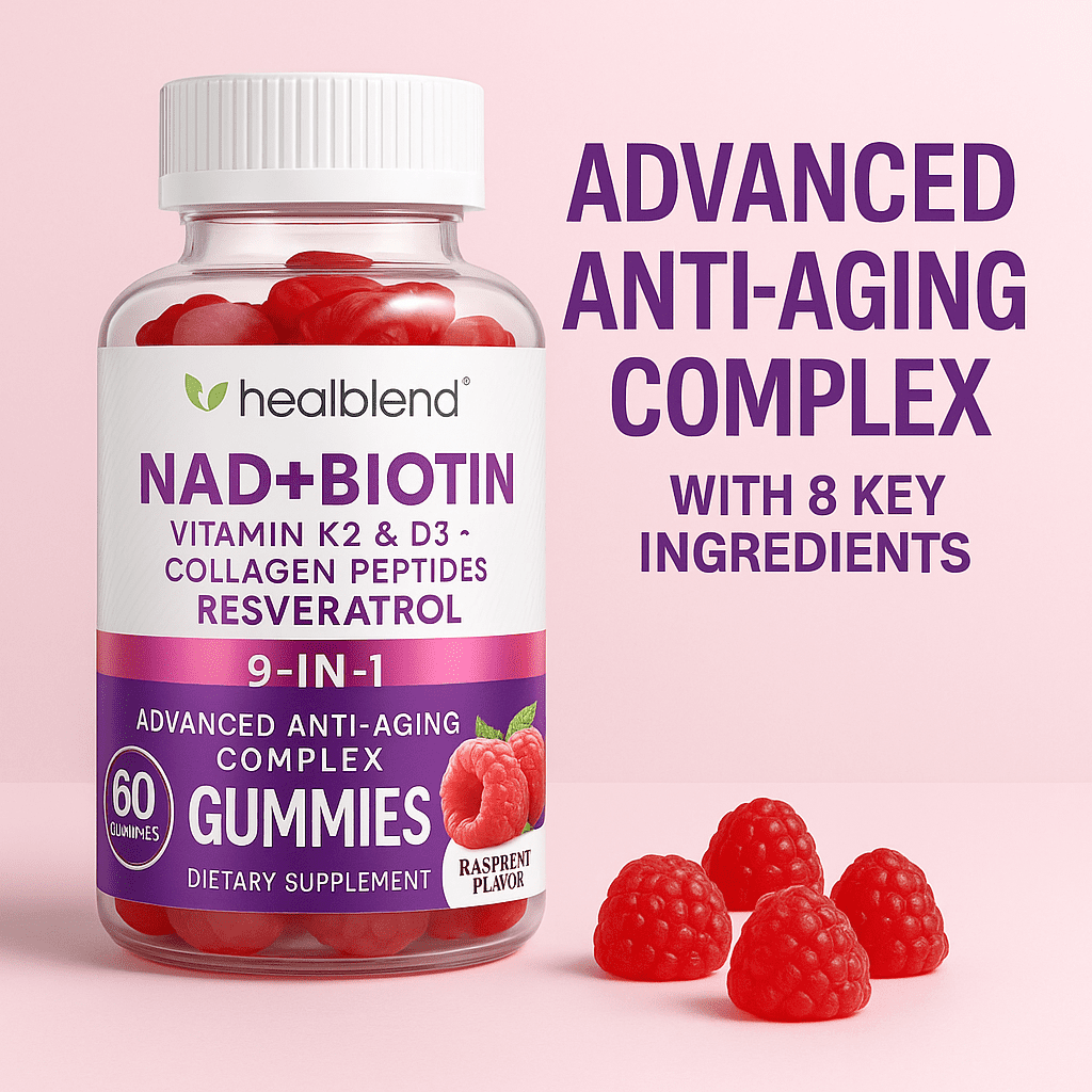 Healblend NAD+ Biotin Gummies – Collagen Peptides, Resveratrol, Keratin & Berberine – Anti-Aging Hair, Skin & Nail Support – Vitamin K2 & D3, Zinc – Raspberry Flavor – 60 Gummies