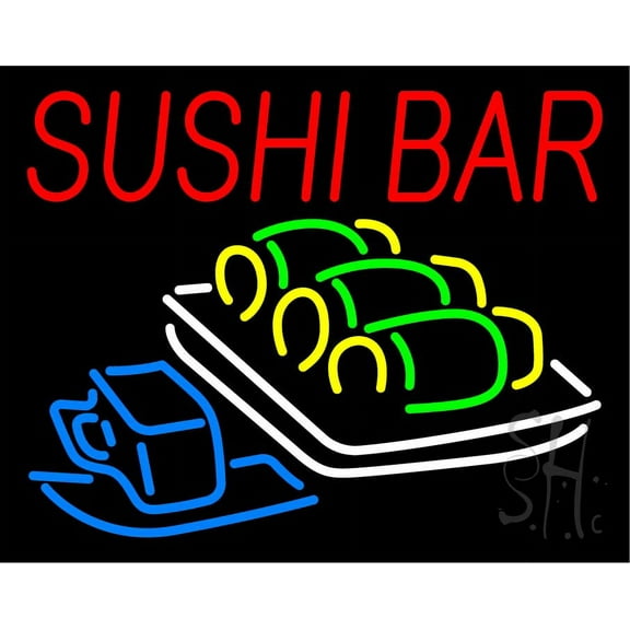 Sushi Bar LED Neon Sign 24 x 31 - inches, Black Square Cut Acrylic Backing, with Dimmer - Bright and Premium built indoor LED Neon Sign for restaurant window and interior decor.
