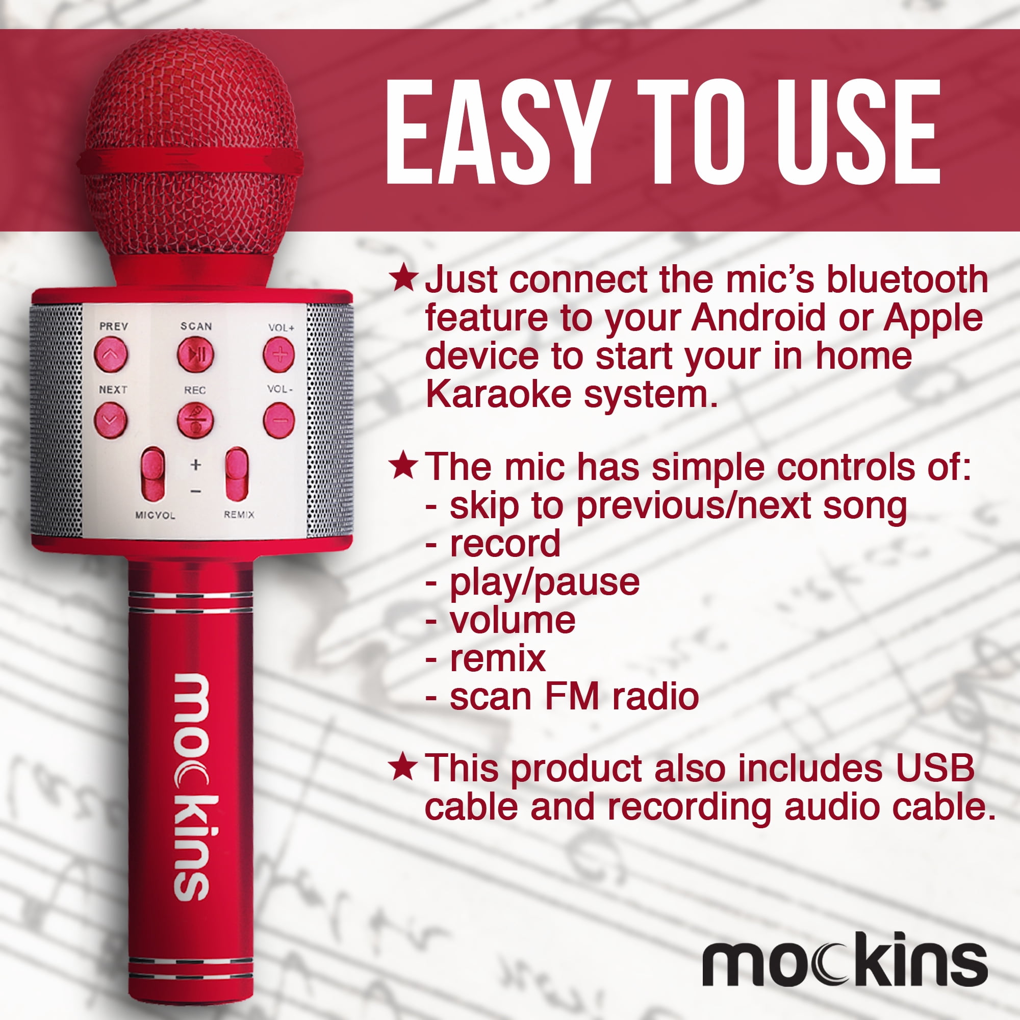 Mockins Red Bling Karaoke Microphone with LED Lights, Voice Changer & Wireless Bluetooth Speaker  - Carry Case