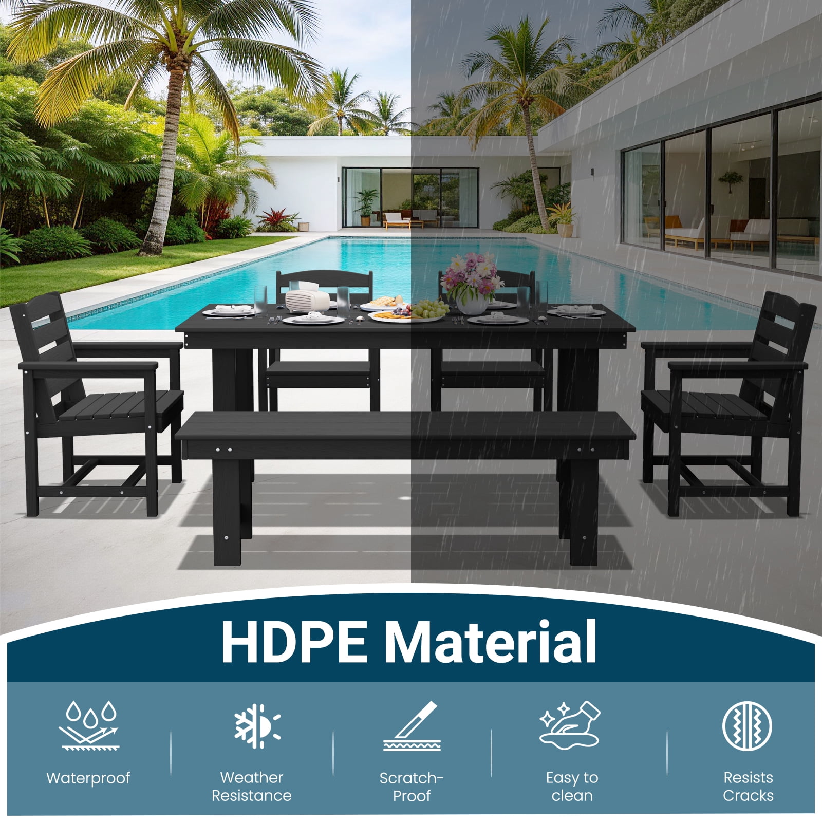 LOYALICE 6 Pieces Patio Furniture Set, HDPE Outdoor Dining Table Set with 1 Bench, 4 Chairs, Durable and Weather-Resistant for Patio, Garden and Balcony Use, Black