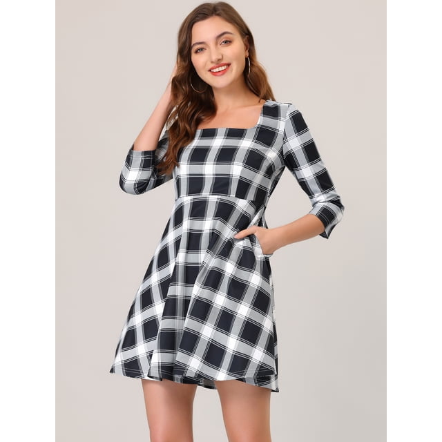 INSPIRE CHIC Robe Décontractée à Carreaux Col Carré Manches Courtes pour Femmes