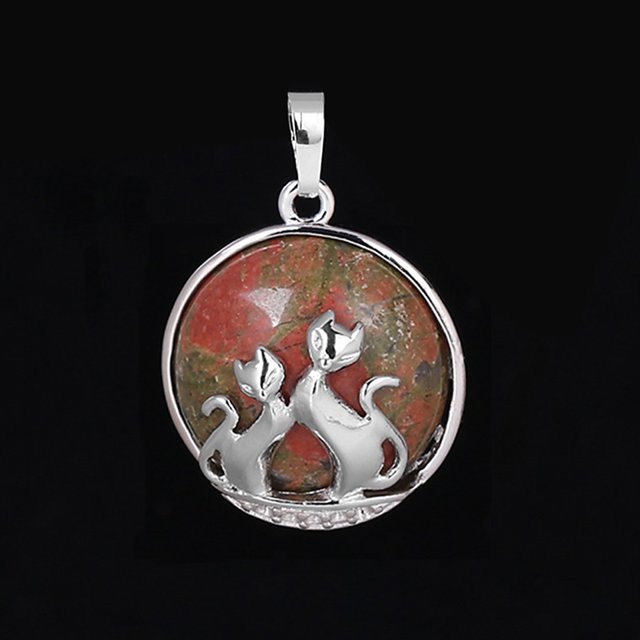 Pendentif Chat pour Collier Pierre Naturelle Perles Rondes Plates Pendentif Cœur d'Amour Femmes