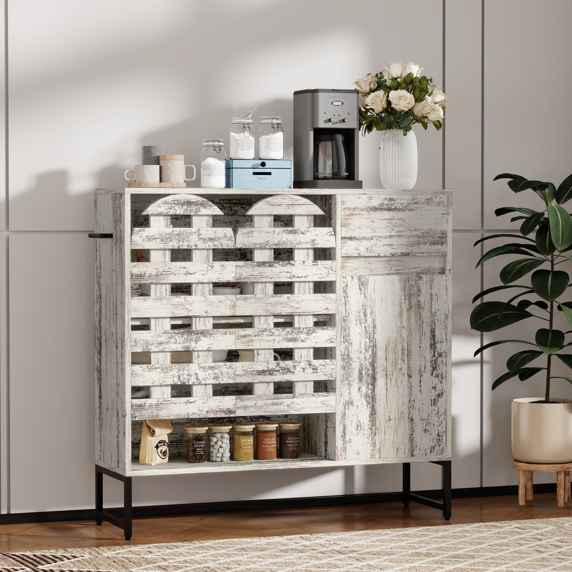 Leumius 44.3"Farmhouse Sideboard Cabinet with Storage,Coffee Bar Console Table With Storage,Rustic Storage Cabinet with Arched Lattice Doors and Drawer for Living Room Kitchen Entryway Retro White