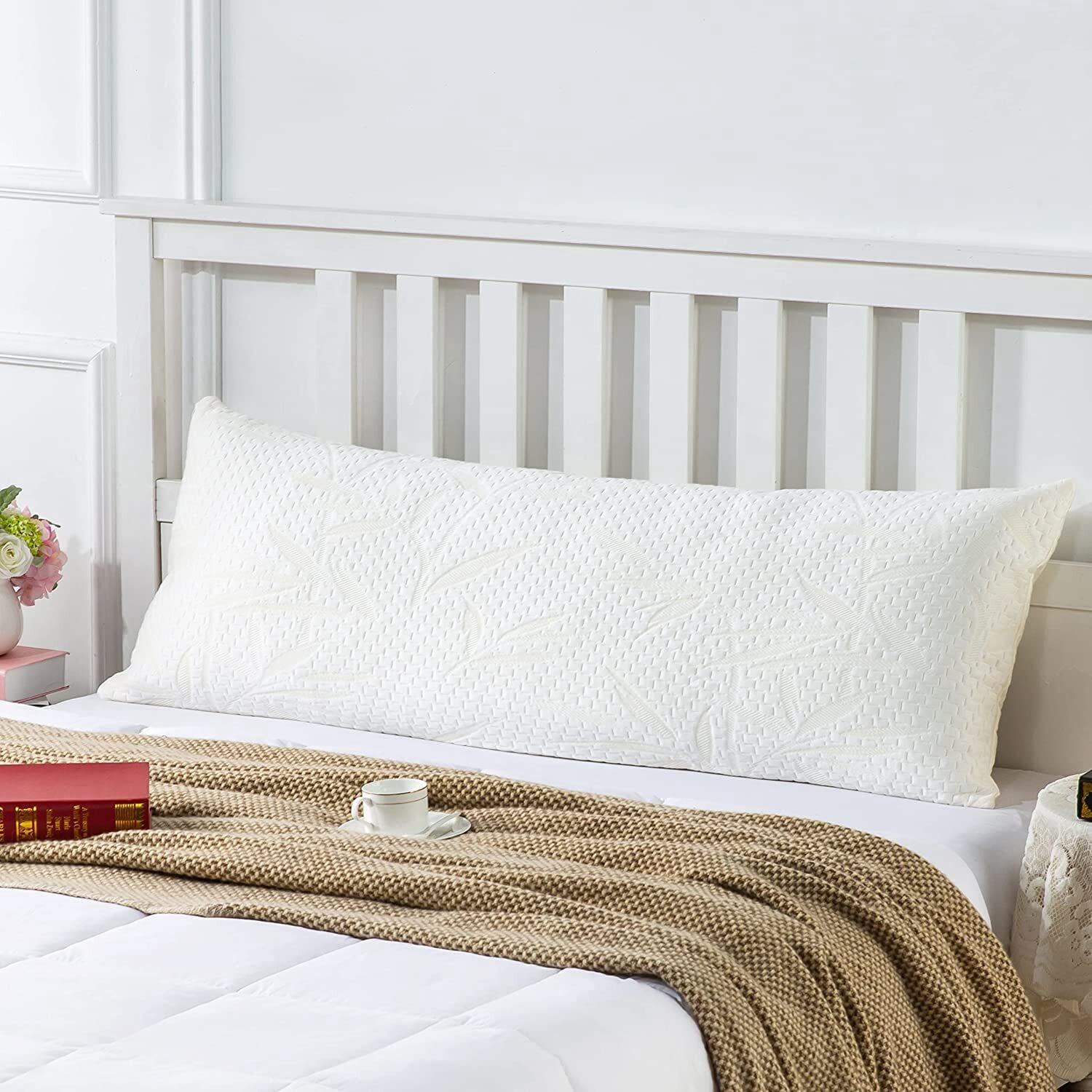 Yalamila Cooling Body Pillow for Adults with Bamboo Viscose Cover, Medium Firm Long Bed Pillow for Full Body Support, White, 20 x 54 Inch