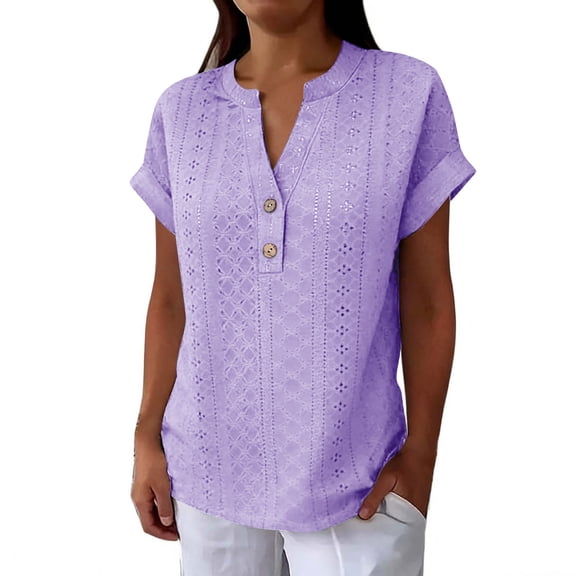 hotojiny Plus Size Womens Blouses Dressy Casual Summer Tops Comfort Roll up Short Sleeve Hollow out Boho Shirts for Leggings S-5XL