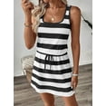 thumbnail image 5 of Black And White Striped U-Neck Sleeveless Drawstring Waist Mini Dress For Women, 5 of 8