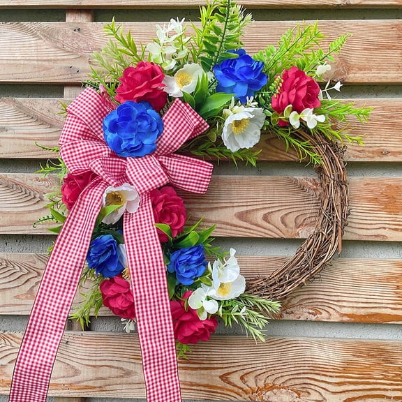Taicans Patriotic Wreath 4th of July Wreath 18 in Artificial Grapevine Red White Blue Flowers Gingham Bow for Front Door Wall Home office Independence Day Memorial Day Party Decor Durable Reusable