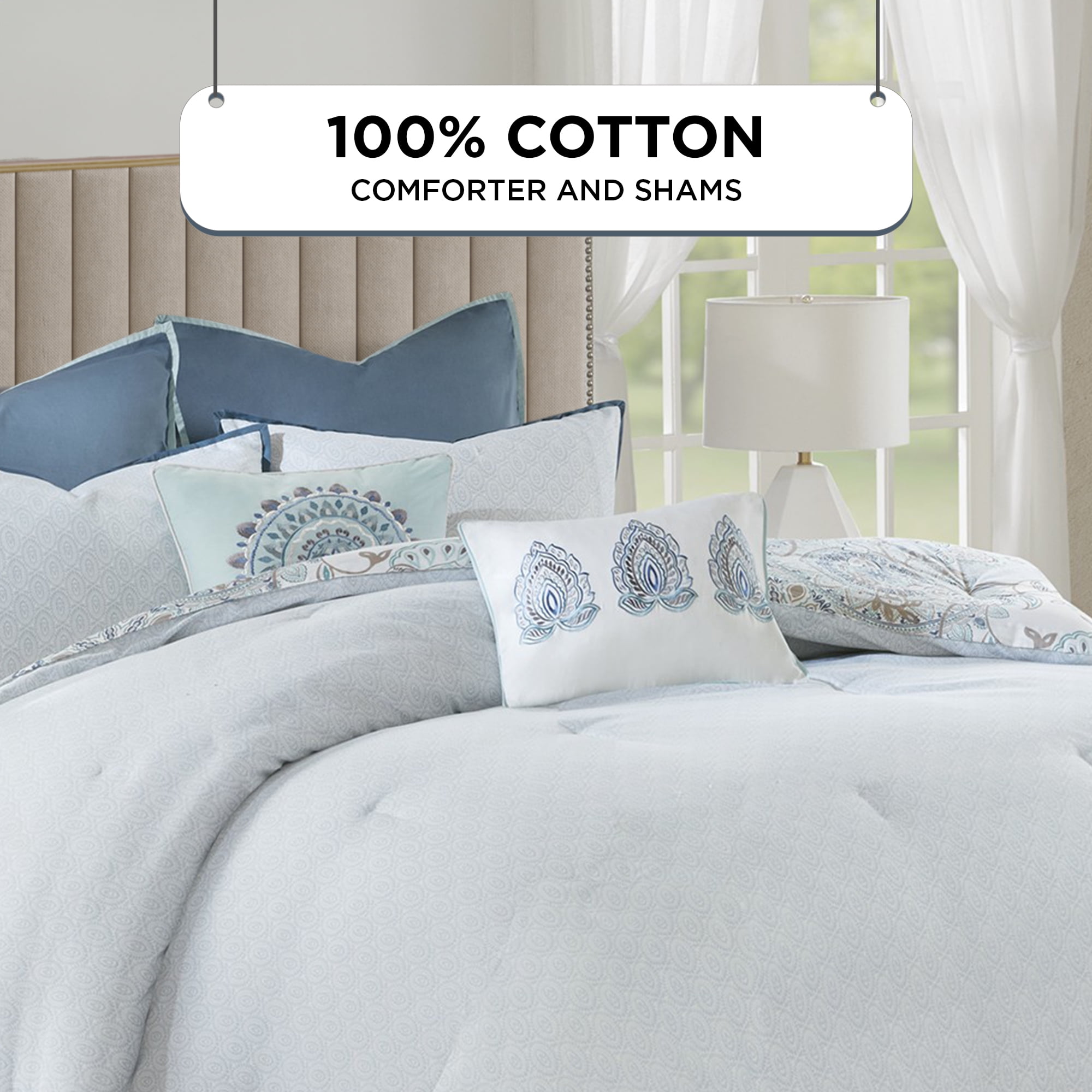 Madison Park 8-Piece Reversible Floral Cotton Comforter Set with Bed Skirt and Decor Pillows, Queen,Blue
