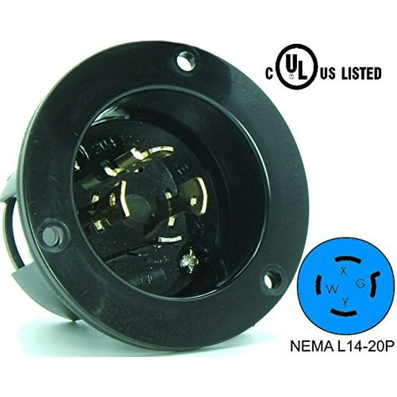 Journeyman-Pro 2415, NEMA L14-20 Flanged Inlet Generator Plug, 20A 125/250 Volt, Locking Receptacle Socket, Black Industrial Grade, Grounding 5000 Watts (No Cover Included)