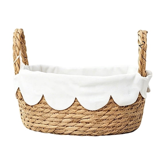 KojanyuHand Woven Storage Basket with Scalloped Liner, Double Handles Rectangular Straw Organizer Bin for Home Decor
