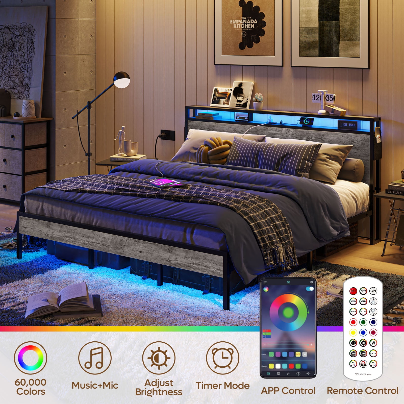 Bestier King Size Bed Frame with Charging Station and  2 USB Ports and Outlets,LED Light Storage Headboard,Noise Free Design,Grey