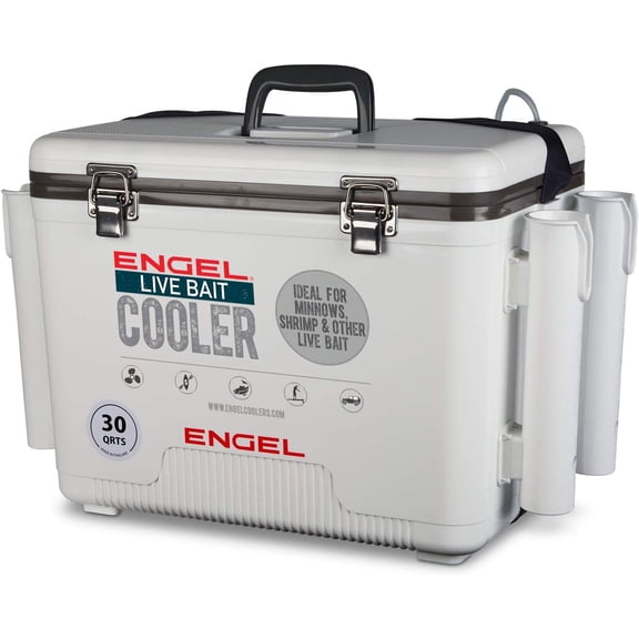 30qt Live Bait Cooler Box w/ 2-Speed Portable Aerator Pump & 4 Fishing Rod Holders. Bait Station & Minnow Bucket, White