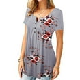 thumbnail image 1 of Baohd Femmes Imprimé Boutons Haut Col Rond Manches Courtes Blouse Gris XXL, 1 of 6