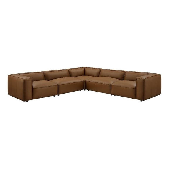 Maklaine Contemporary Vegan Leather Upholstered 5-Piece L-Shaped Sofa in Coffee