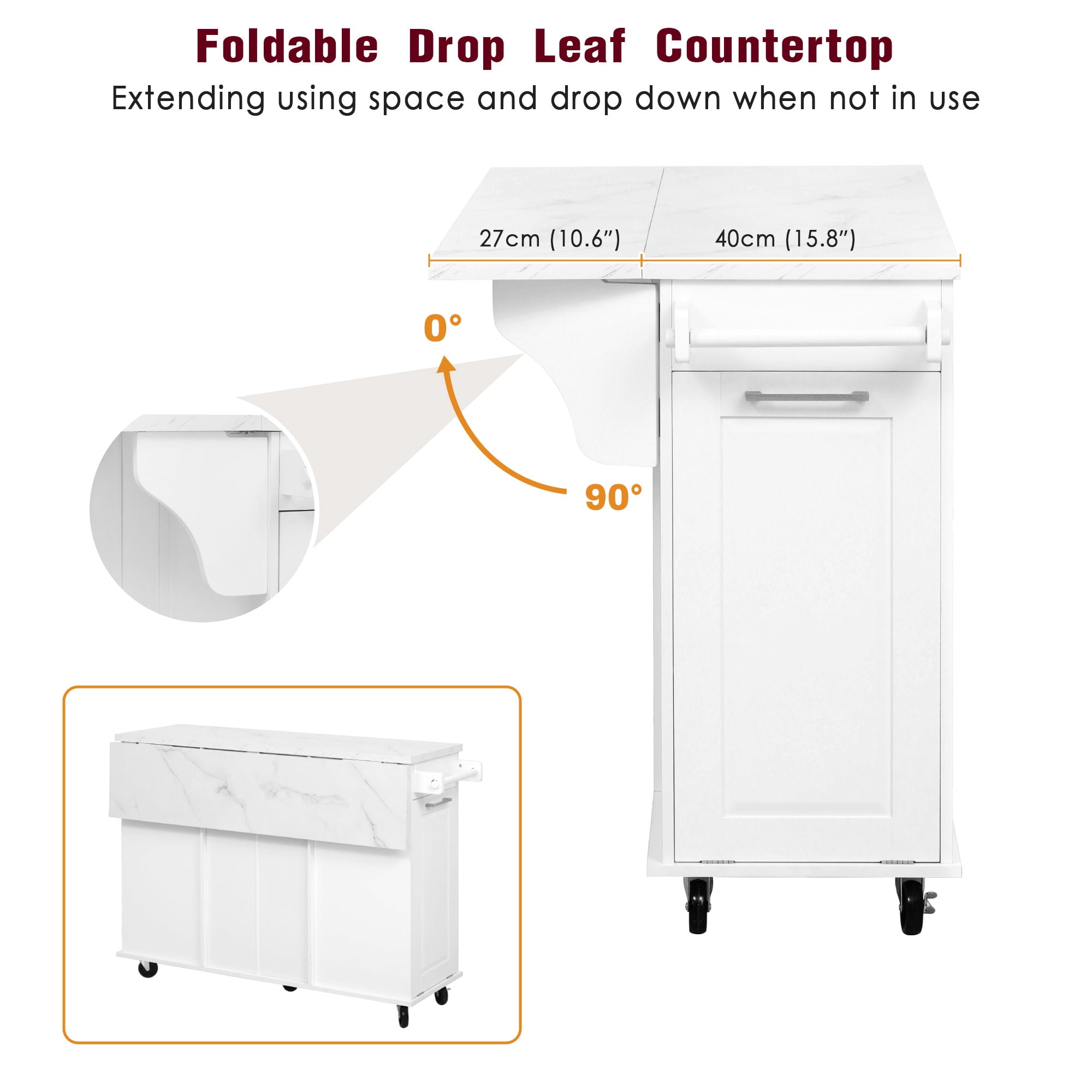 AISWORD 50.7" Kitchen Island with Trash Can Storage Cabinet, Rolling Kitchen Cart on Wheels with Faux Marble Top Drop Leaf, Spice Rack, Towel Rack and Adjustable Shelf, White