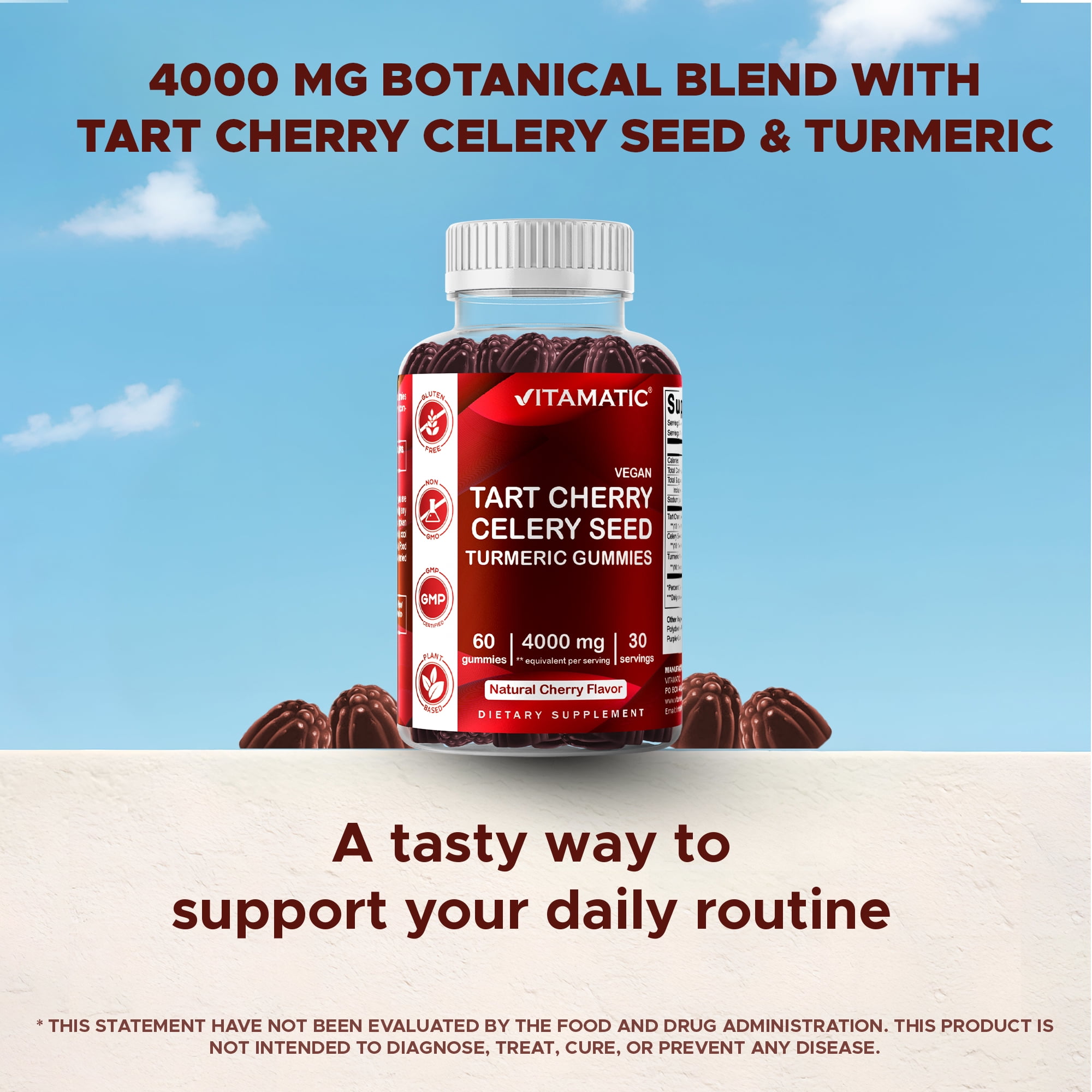 (3 pack) VVitamatic Tart Cherry (360 mg) with Celery Seed (30 mg) 10:1 Extract & Turmeric 20:1 Extract (10 mg) - (Per Serving/2 Gummies) - 60 Gummies