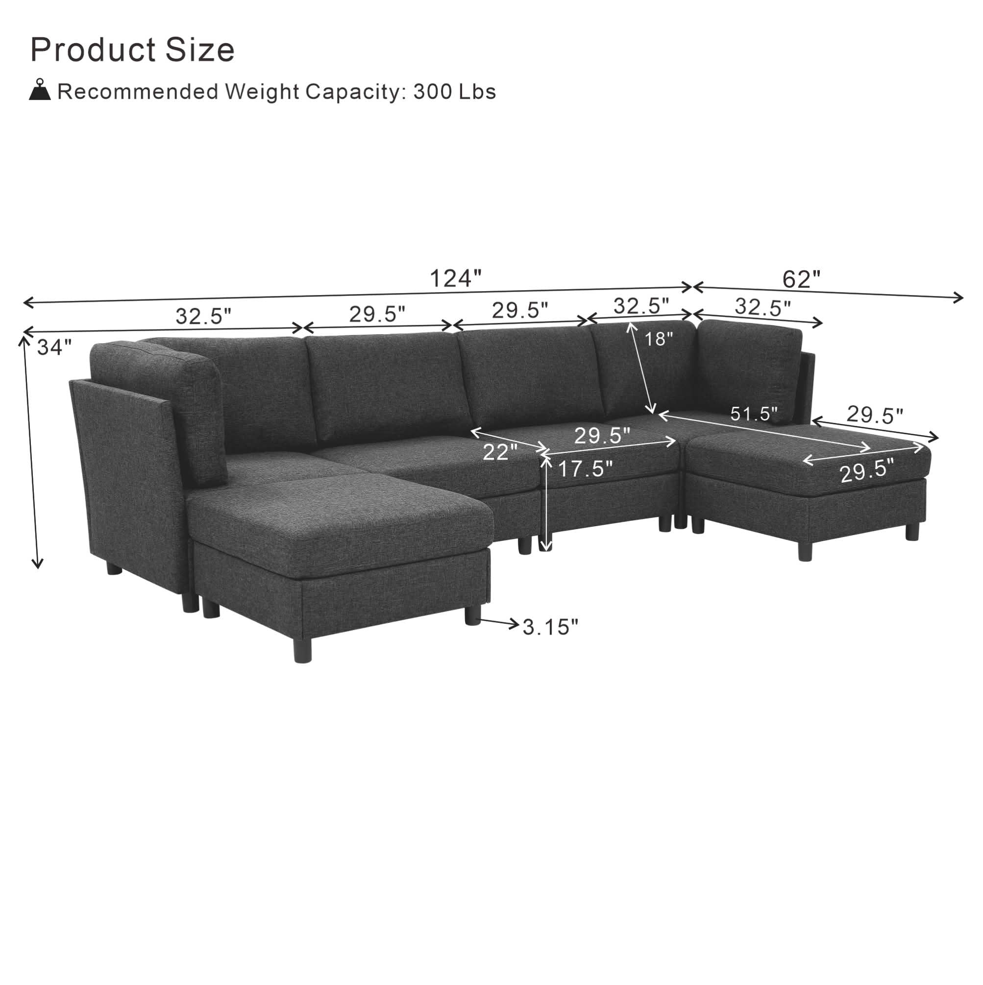 MAYEERTY 124 Inch Modular Corner Sectional Sofa, Freely Reconfigurable Modern Couch with Convertible Ottoman for Living Room
