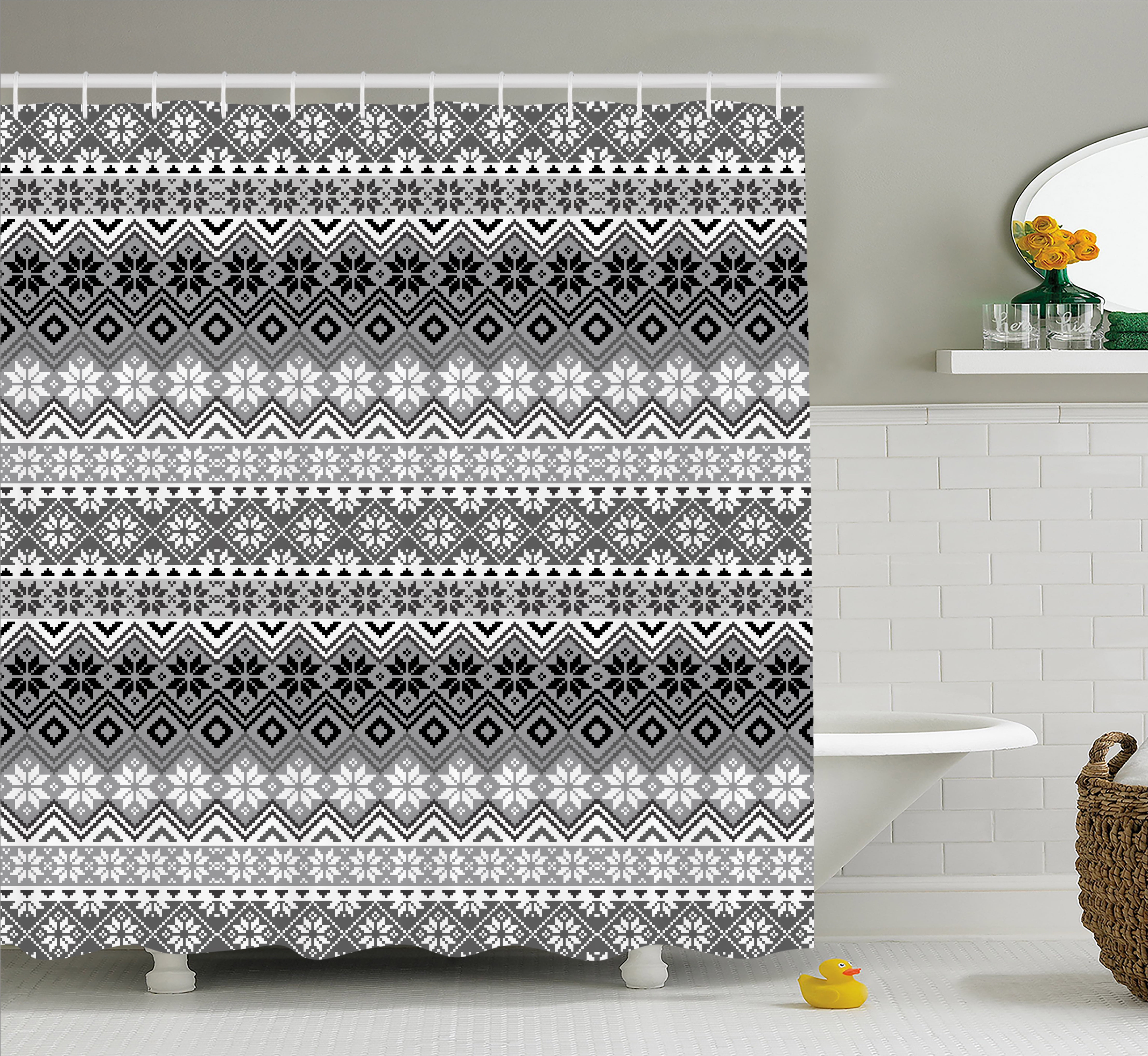 Nordic Shower Curtain, Knitting Theme Chevron Pixel Art Pattern