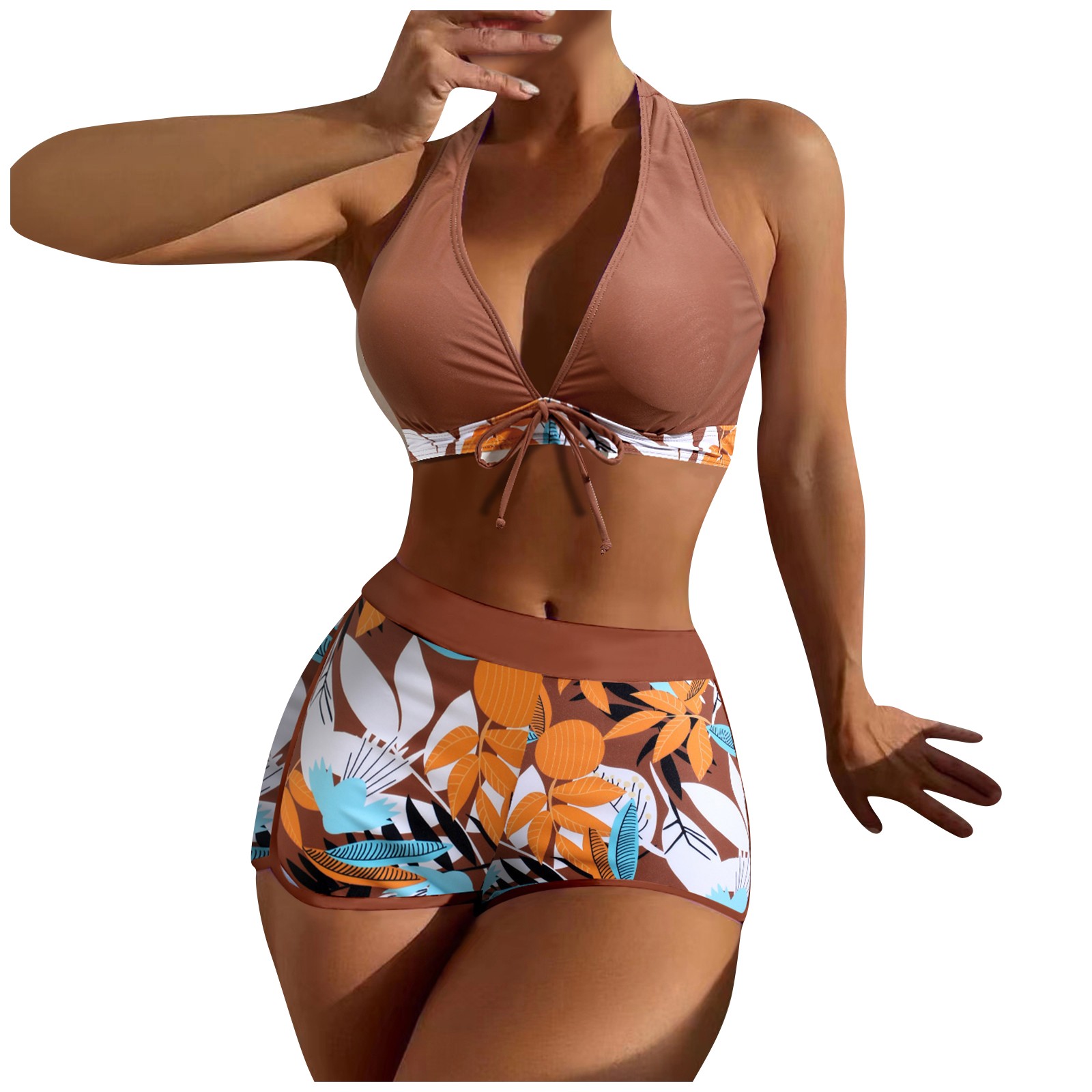 QWERTYU Floral Print Swimsuit for Women High Waisted Shorts Bikini Sets Sexy Front Tie Bathing