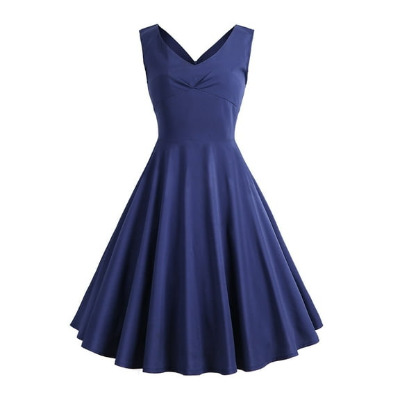 TIHLMK Prom Dress Women's Summer Sleeveless V Neck Vintage Solid Party Swing Dress