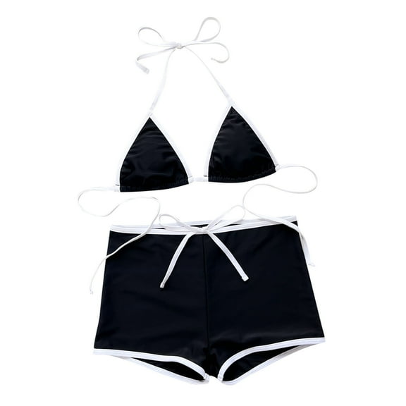 Lopeceal Women's 2 Piece Swimsuit Contrast Trim Halter Triangle Top with Shorts Bathing Suits Bikini Set