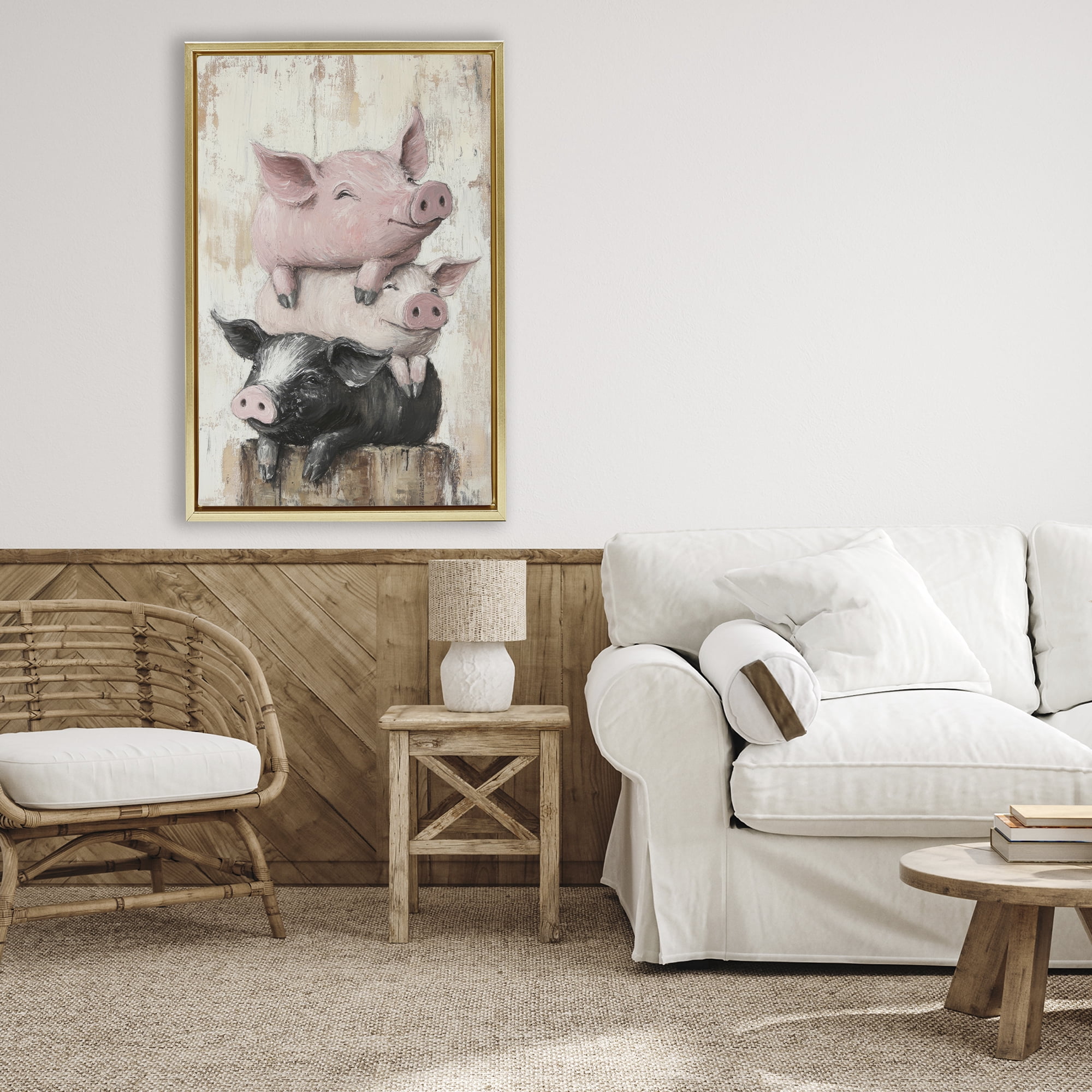 Stupell Industries Pig & Piglet Pile Gold Framed Floater Canvas Wall Art, design by Tina LeCour