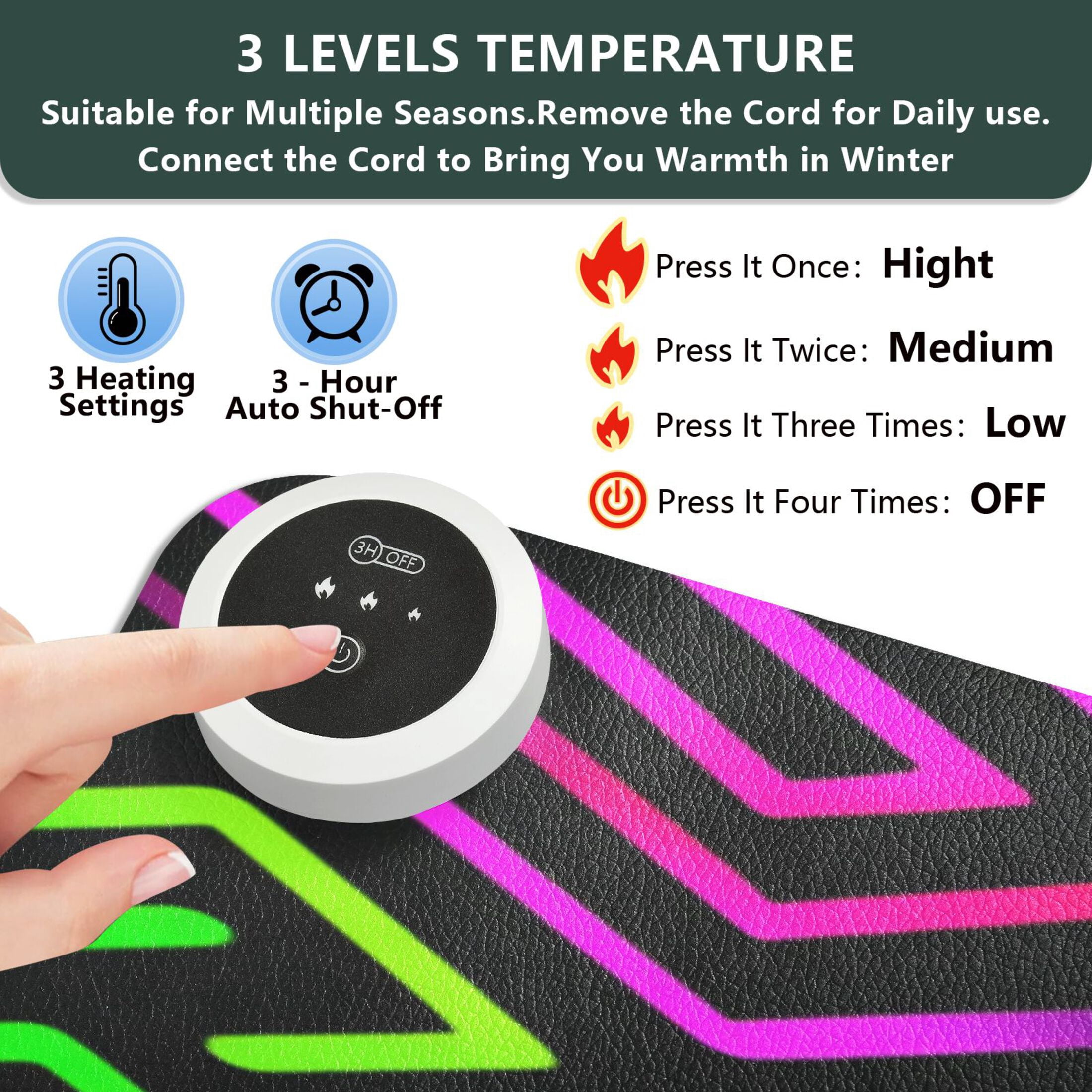 Large Heated Desk Mat Mouse Pad 31.5"x13"PU Leather Graphene Heating Desk Warmer with 3 Temperature Settings 110V US Plug Non-Slip Warm Pad for Home, Office, and Gaming Rainbow Neon Labyrinth Print