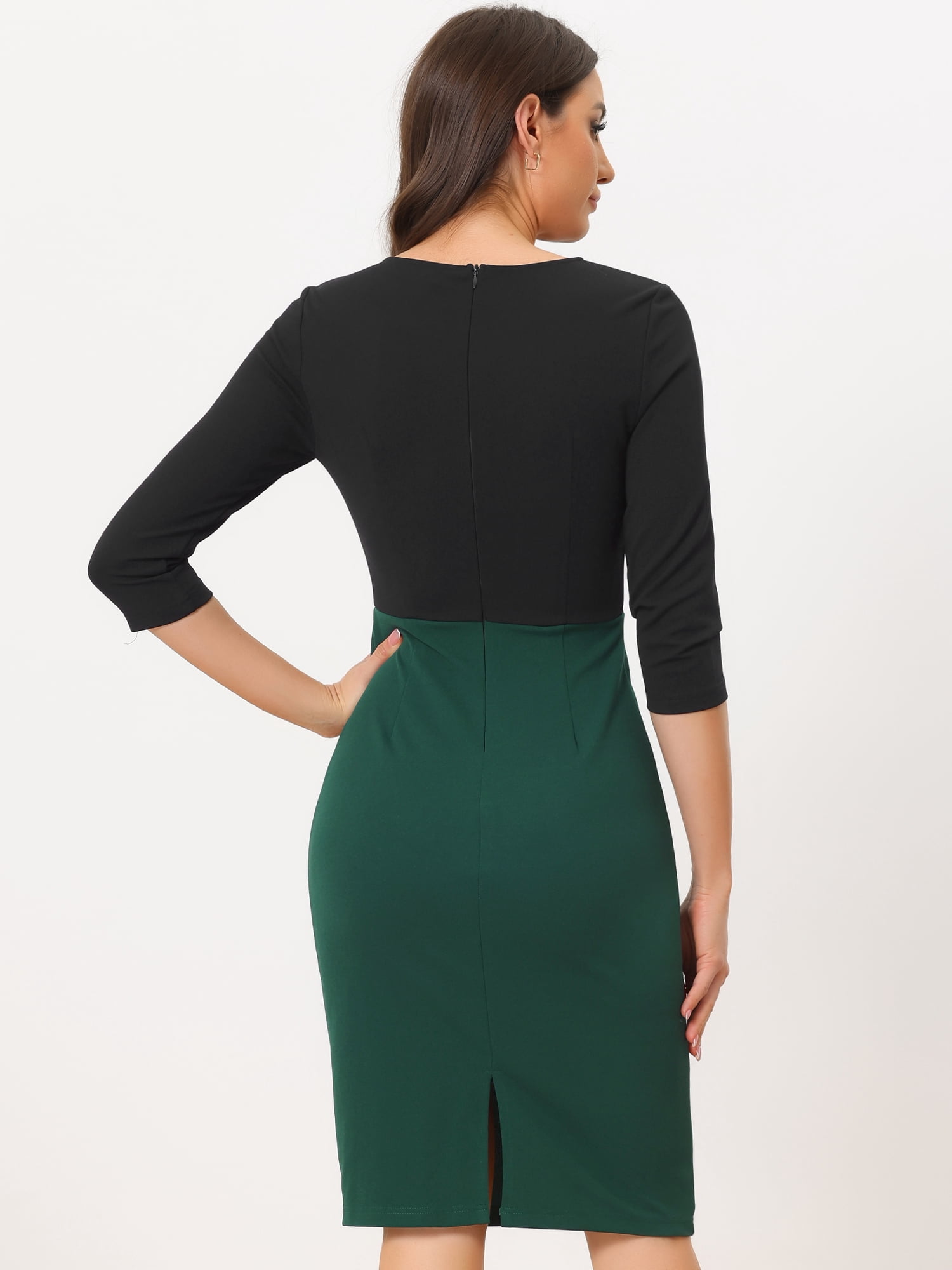 DARING DIVA Round Neck 3/4 Sleeves Contrast Sheath Elegant Pencil Dress M Green