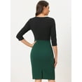 thumbnail image 3 of DARING DIVA Round Neck 3/4 Sleeves Contrast Sheath Elegant Pencil Dress L Green, 3 of 6