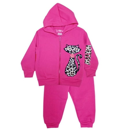 Baby Girls Pink Cat Detail Hooded Full Zipper Top 2 Pc Pant