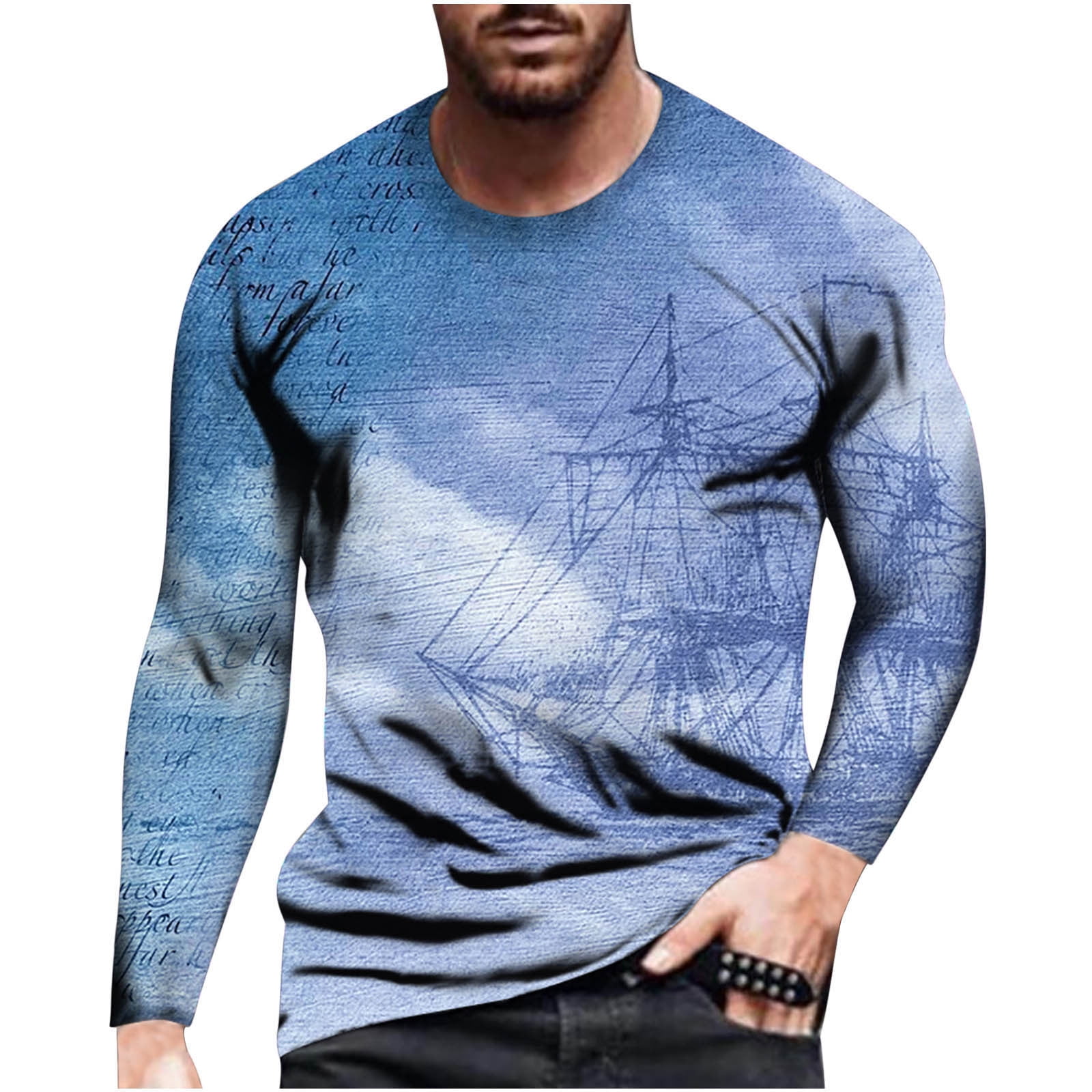 Men Long Sleeve 3D Print Crew Neck T-shirt Tops Casual Fashion Muscle Tee Blouse