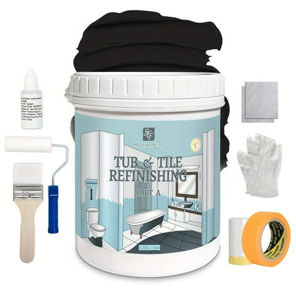 16 FL Oz Black Ceramic Bathtub and Tile polishing Kit - Bathtub, bathroom wall, countertop, sink paint - Easy to use, waterproof, low-odor, non-toxic, DIY kit