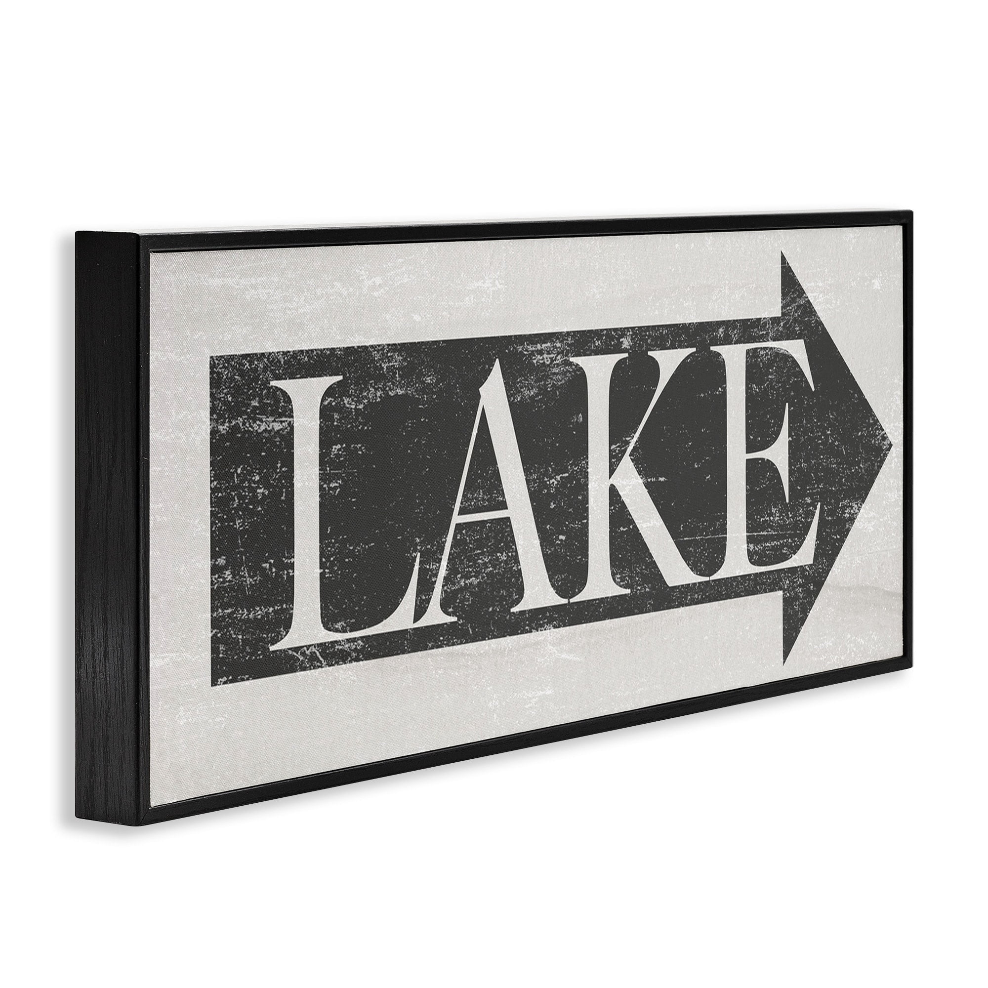 Stupell Industries Lake Arrow Sign Grey and White Distressed Graphic Art Black Framed Art Print Wall Art, 10x24, by Daphne Polselli