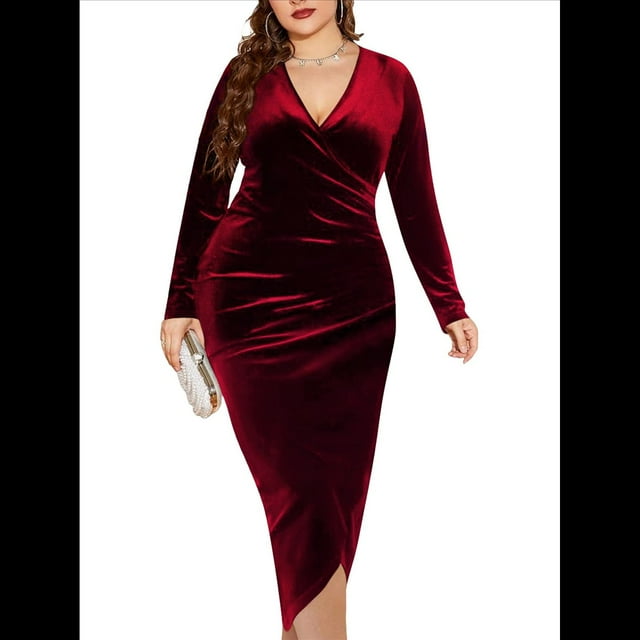 Vestido Ajustado de Terciopelo de Larga para Mujer, Elegante, Fruncido, Cruzado, con Escote en V Profundo, para Fiesta y Cóctel Rojo XXL