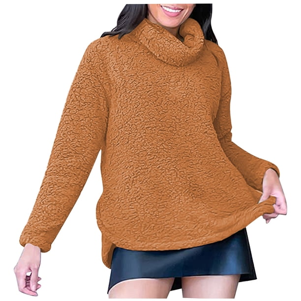 Suéter de cuello alto para mujer, informal, cuello redondo, bolsillo, color liso, manga larga, suelto, suéter de cuello redondo para mujer, top acrílico para mujer