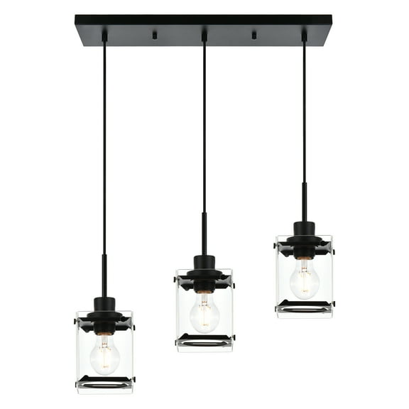 Melucee 3-Light Matte Black Farmhouse Pendant Light Fixtures, Industrial Kitchen Island Light with Rectangle Glass
