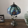 thumbnail image 7 of Tiffany Table Lamp Blue Stained Glass Iron Metal Leaves Bronze Base Included LED Bulb Vintage Liaison Lamp for Living Room Bedroom Bedside 20'H*10'W, 7 of 7