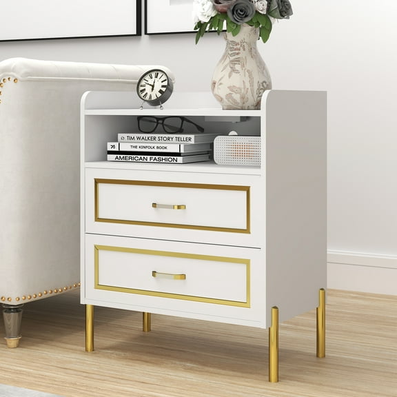 24" Modern Luxury White Nightstand with USB Charge, 2 Drawers and Open Storage Shelf
