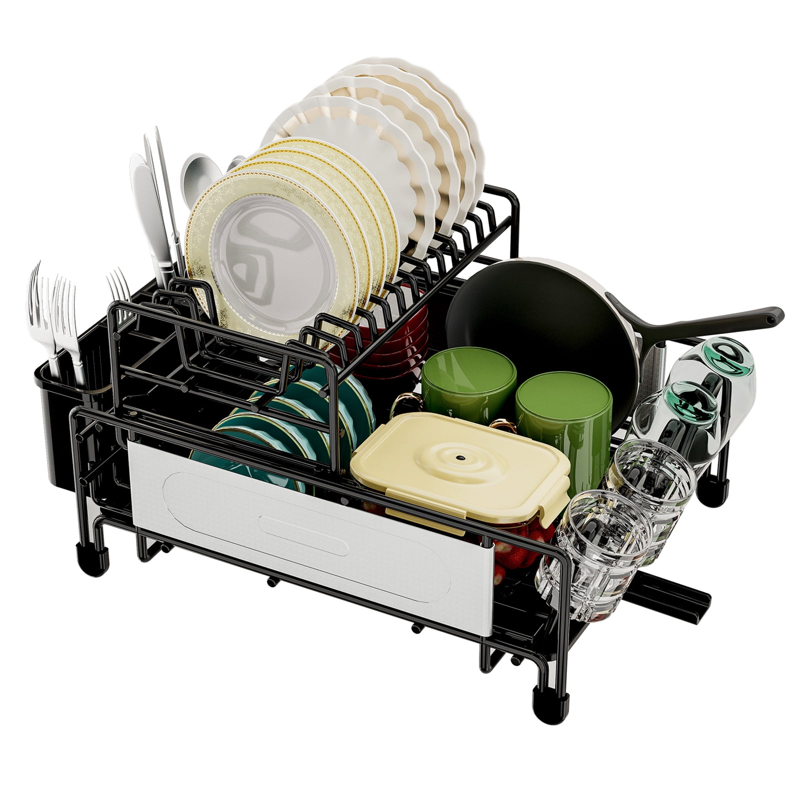 Large Dish Drying Rack for Kitchen Counter, Detachable Large Capacity Dish Drainer Organizer, 2-Tier Dish Racks with Utensil Holder, Black