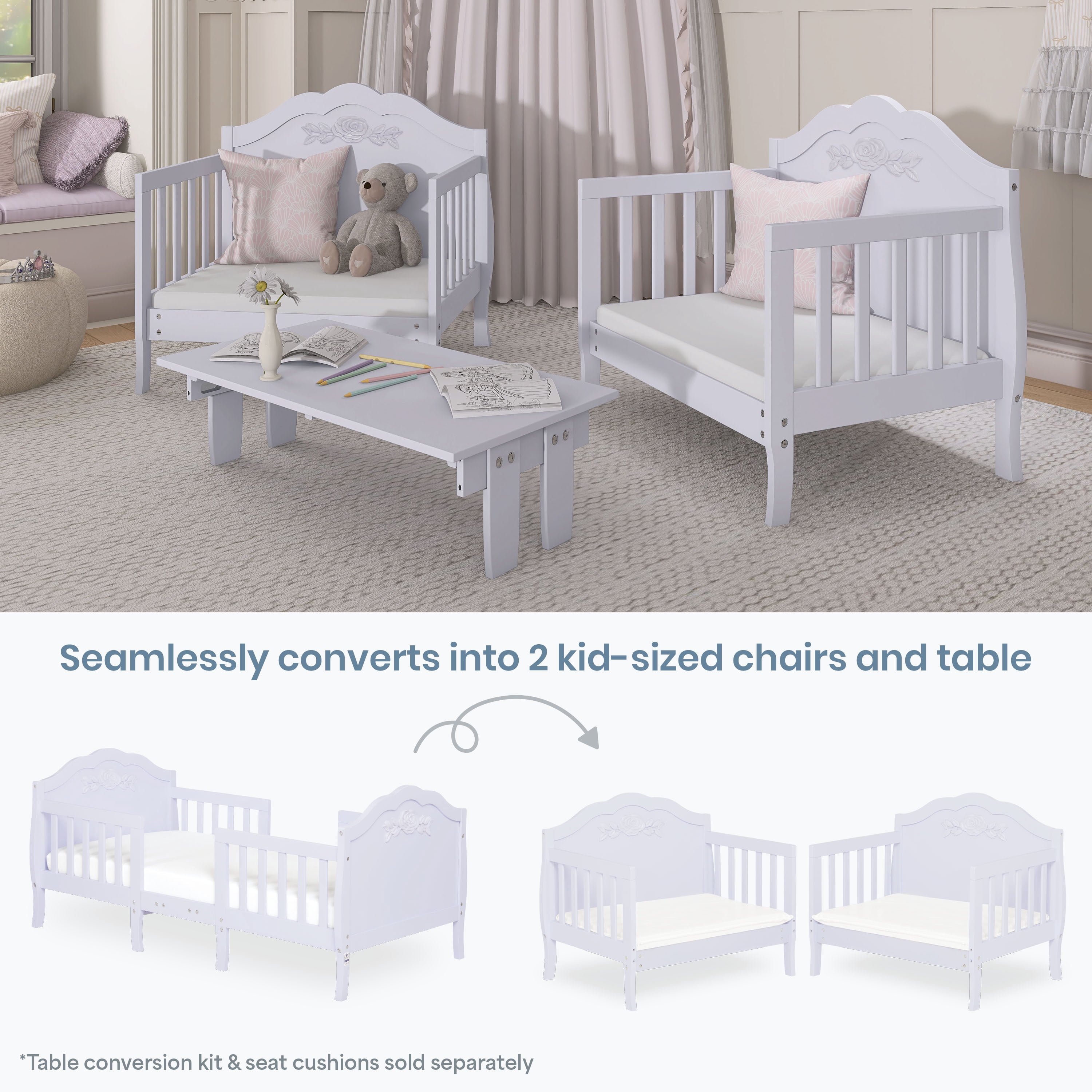Dream On Me Rose 3-in-1 Convertible Toddler Bed, Greenguard Gold and JPMA Certified, Lavender Ice