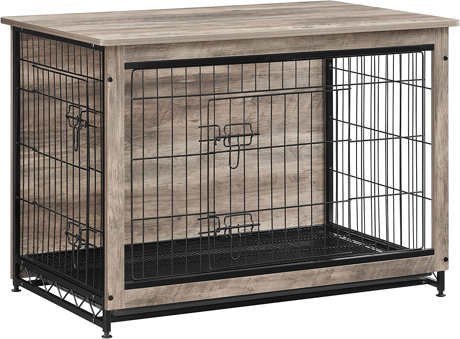 FEANDREA Dog Crate Furniture, DoubleDoor Dog House, Greige